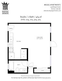 A floor plan for a studio apartment with 1 bath and 464 square feet.
