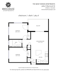 A floor plan for a 1 Bedroom/1 Bath apartment at The New Yorker Apartments.