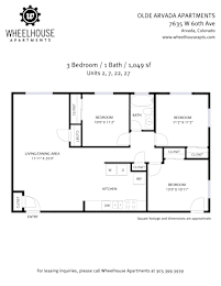 A floor plan for a 3 bedroom, 1 bathroom apartment at Olde Arvada Apartments.