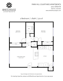 A floor plan for a 2 bedroom, 1 bath apartment at Park Hill Courtyard Apartments.