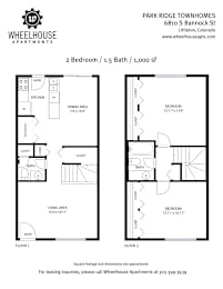 A floor plan for a 2 bedroom, 1.5 bath apartment at Park Ridge Townhomes.