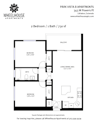 A floor plan for a 2 Bedroom / 1 Bath / 730 sf apartment.