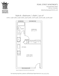 Floor plan for a bedroom with bath and kitchen in a Pearl Street Apartments unit.