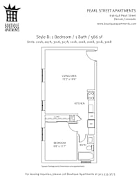 Floor plan for a bedroom with 1 bath and 586 square feet.