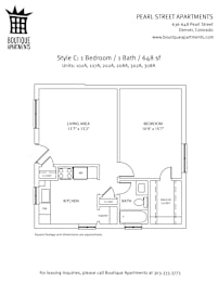 A floor plan for a 1 Bedroom/1 Bathroom apartment at Pearl Street Apartments.