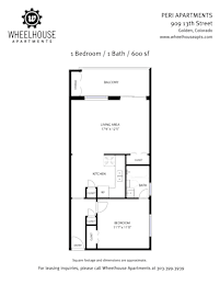 A floor plan for a 1 bedroom/bathroom apartment at Wheelhouse Apartments.
