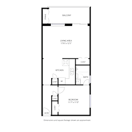 A floor plan of a small apartment with a living area, kitchen, bathroom and bedroom.