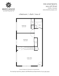 A floor plan for a 2 bedroom, 1 bath apartment at Wheelhouse Apartments.