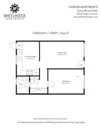 A black and white image of a floor plan for a 1 bedroom, 1 bath apartment.