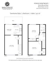 A floor plan for a 2 bedroom, 1 bath townhome.