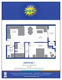 A blue and white floor plan for a one bedroom apartment.