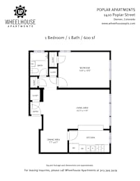A floor plan for a one bedroom apartment at Wheelhouse Apartments.