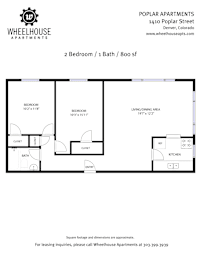 A floor plan for a 2 Bedroom / 1 Bath / 800 sf apartment.