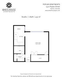 A black and white image of a floor plan for a 1 bath, 450 square foot studio apartment.