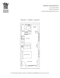 A floor plan for a 1 Bath / 448 sf studio apartment.