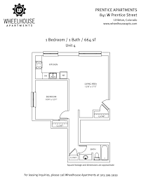 A floor plan for a 1 Bedroom/1 Bath apartment at Prentice Apartments.