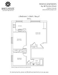A floor plan for a 2 Bedroom / 1 Bath / 804 square foot apartment at Prentice Apartments.