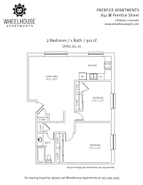 A floor plan for a 2 Bedroom / 1 Bath apartment at Prentice Apartments.