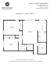 A floor plan for a 2 Bedroom / 1 Bath apartment at Prince Charles Apartments.