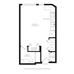 A floor plan of a small apartment with a living area, kitchen, bathroom, and two closets.