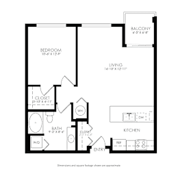 A black and white image of a floor plan for a small apartment.