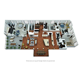 A top-down view of a house layout with a kitchen, living room, and dining area.