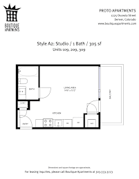 A drawing of a studio apartment layout with a bath and kitchen.