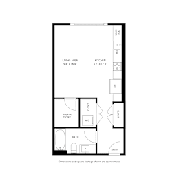 A floor plan of a small apartment with a living area, kitchen, bath, and closets at Railside at Wadsworth Station, Colorado, 80214