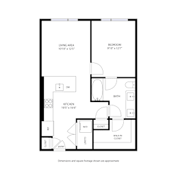 A black and white floor plan of a house with a living area, kitchen, bath, and bedroom at Railside at Wadsworth Station, Colorado, 80214