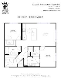 A floor plan for a 2 bedroom, 2 bath apartment at Boutique Apartments.