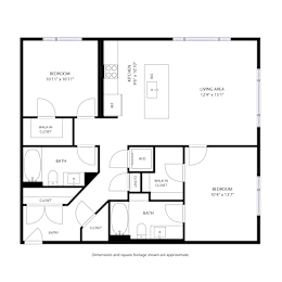 A black and white floor plan of a house with two bedrooms, two bathrooms, a living area, and a kitchen at Railside at Wadsworth Station, Colorado, 80214