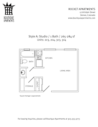 A drawing of a studio apartment layout with a kitchen, bathroom, living area, closet, and storage.