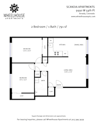 A floor plan for a 2 Bedroom / 1 Bath apartment at Scandia Apartments.