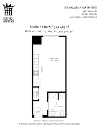 A floor plan for a studio apartment with one bath and a kitchen area.