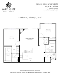 A floor plan for a 2 bedroom, 2 bath apartment at Skyline Ridge Apartments.