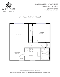 A floor plan for a 1 bedroom apartment with a living area, dining area, kitchen, and bath.