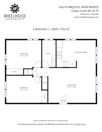 A floor plan for a 2 Bedroom / 1 Bath / 810 sq ft apartment.