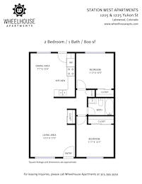 A floor plan for a 2 bedroom, 1 bath apartment at Station West Apartments.