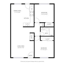 A black and white image of a floor plan for a home with a dining area, kitchen, living area, and two bedrooms.