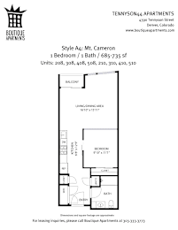 A floor plan for a 1 bedroom, 1 bath apartment at boutique apartments.