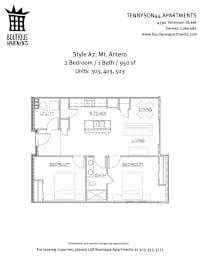 A drawing of an apartment layout is shown with a kitchen, living room, and two bedrooms.