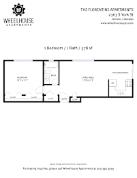 A floor plan for a 1 Bedroom/1 Bathroom apartment at The Florentine Apartments.