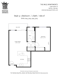 A floor plan for a 680 square foot apartment with one bedroom and one bath.