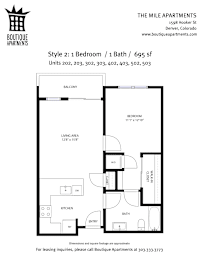 A floor plan for a 1 bedroom apartment with 1 bath and 695 square feet.