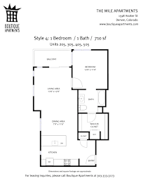A floor plan for a 1 bedroom, 1 bath apartment at The Mile Apartments.