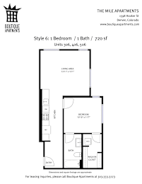 Floor plan for a 1 Bedroom / 1 Bath / 720 sf apartment.