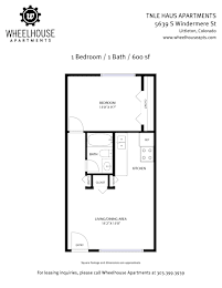A floor plan for a 1 bedroom, 1 bath apartment at Wheelhouse Apartments.
