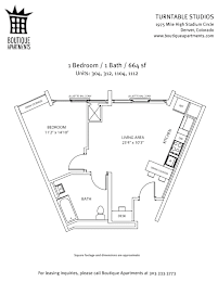 A floor plan for a 1 bedroom/1 bath apartment at Turntable Studios.
