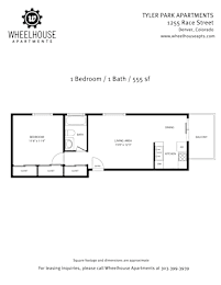 A floor plan for a 1 Bedroom / 1 Bath / 555 sf apartment at Wheelhouse Apartments.