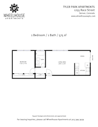 A floor plan for a 1 bedroom, 1 bath apartment at Wheelhouse Apartments.